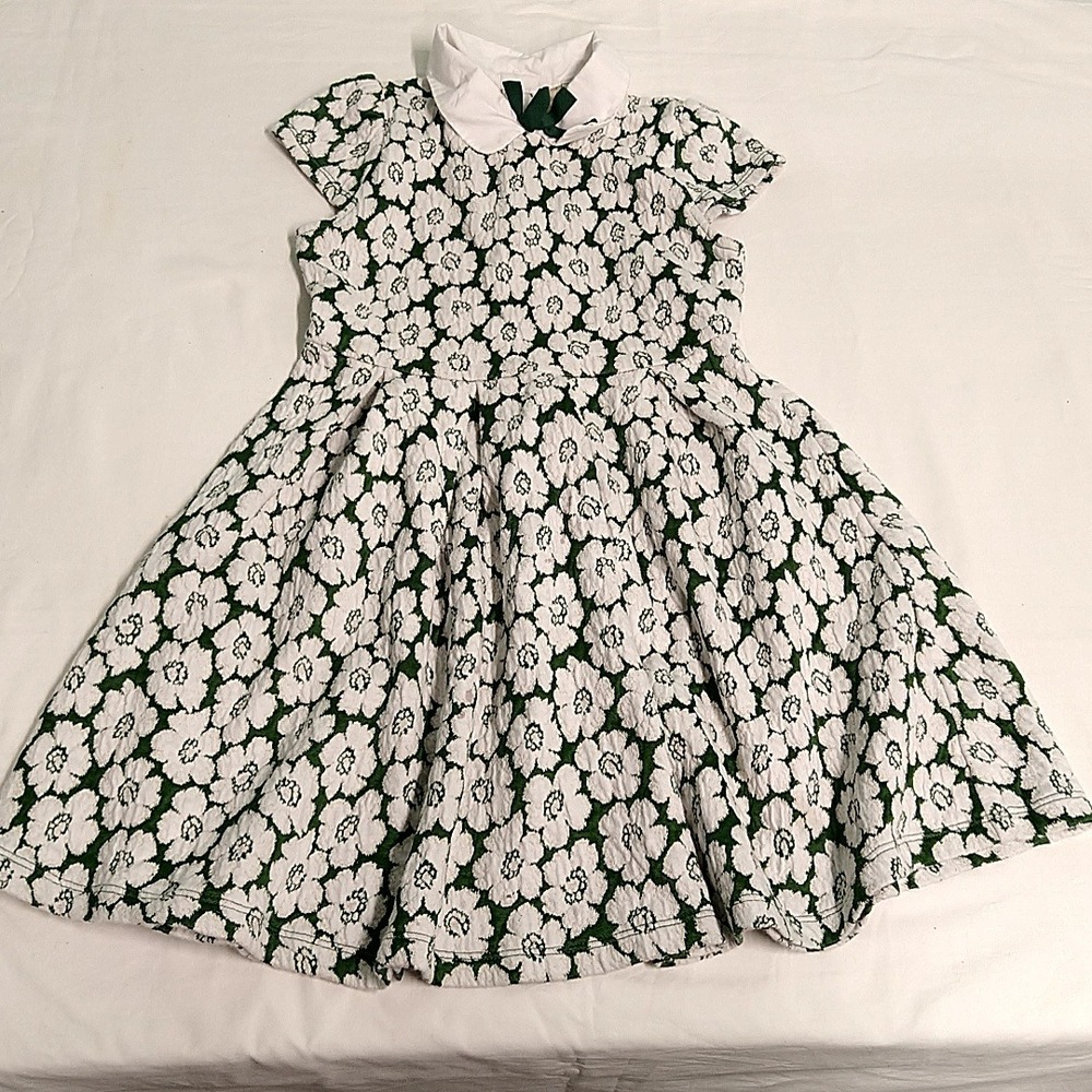 Janie and Jack Floral Jacquard Dress Girls Size 6 Green White Peter Pan Collar
